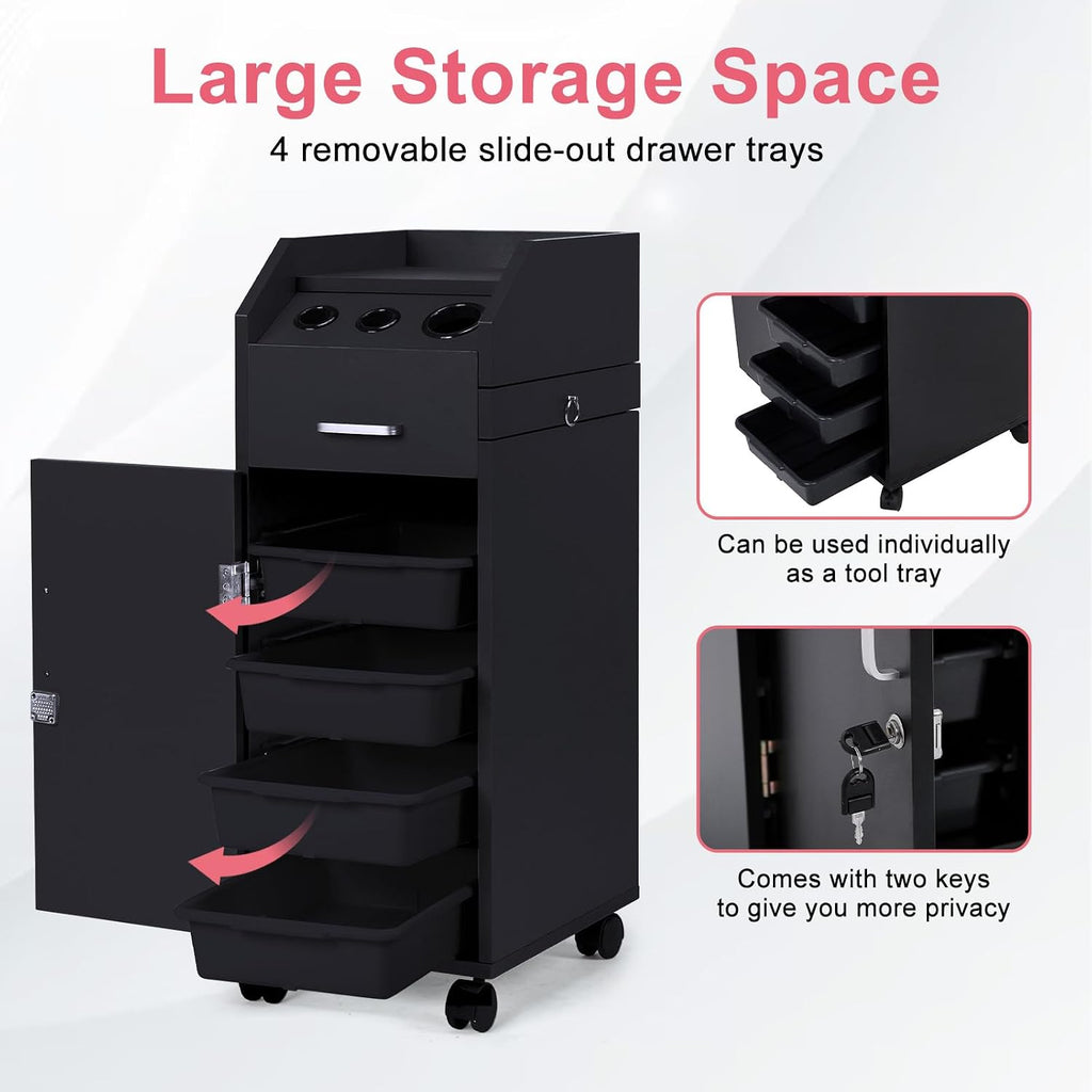 Salon Trolley Cart with 4 Trays, 3 Hair Dryer Holders, Black | Lockable Beauty Storage Cabinet with 4 Drawers