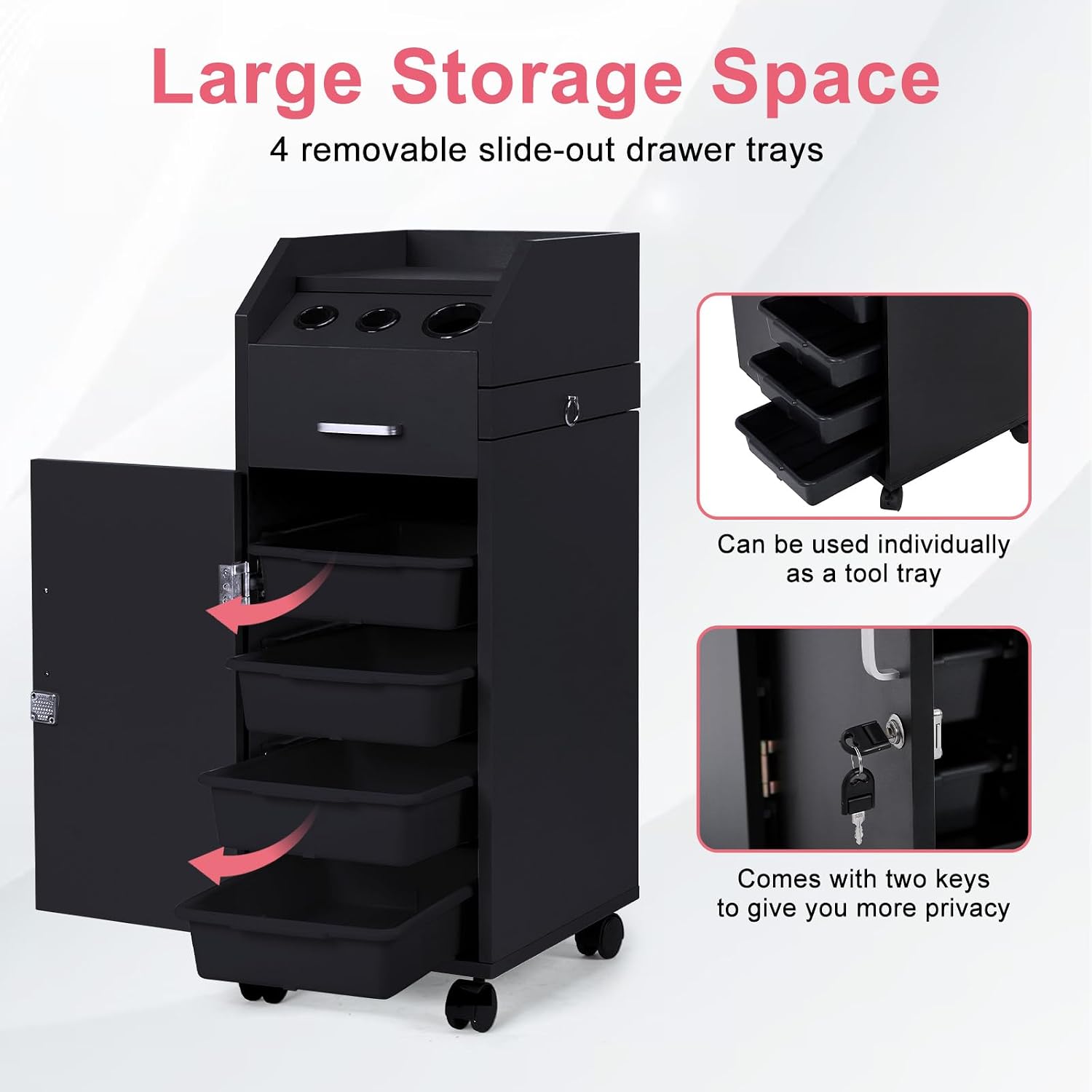 Salon Trolley Cart with 4 Trays, 3 Hair Dryer Holders, Black | Lockable Beauty Storage Cabinet with 4 Drawers