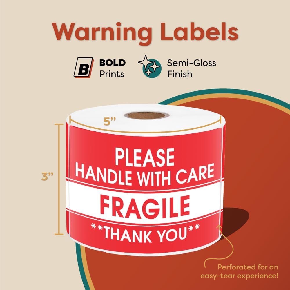 3" X 5" Fragile Stickers for Shipping Please Handle with Care