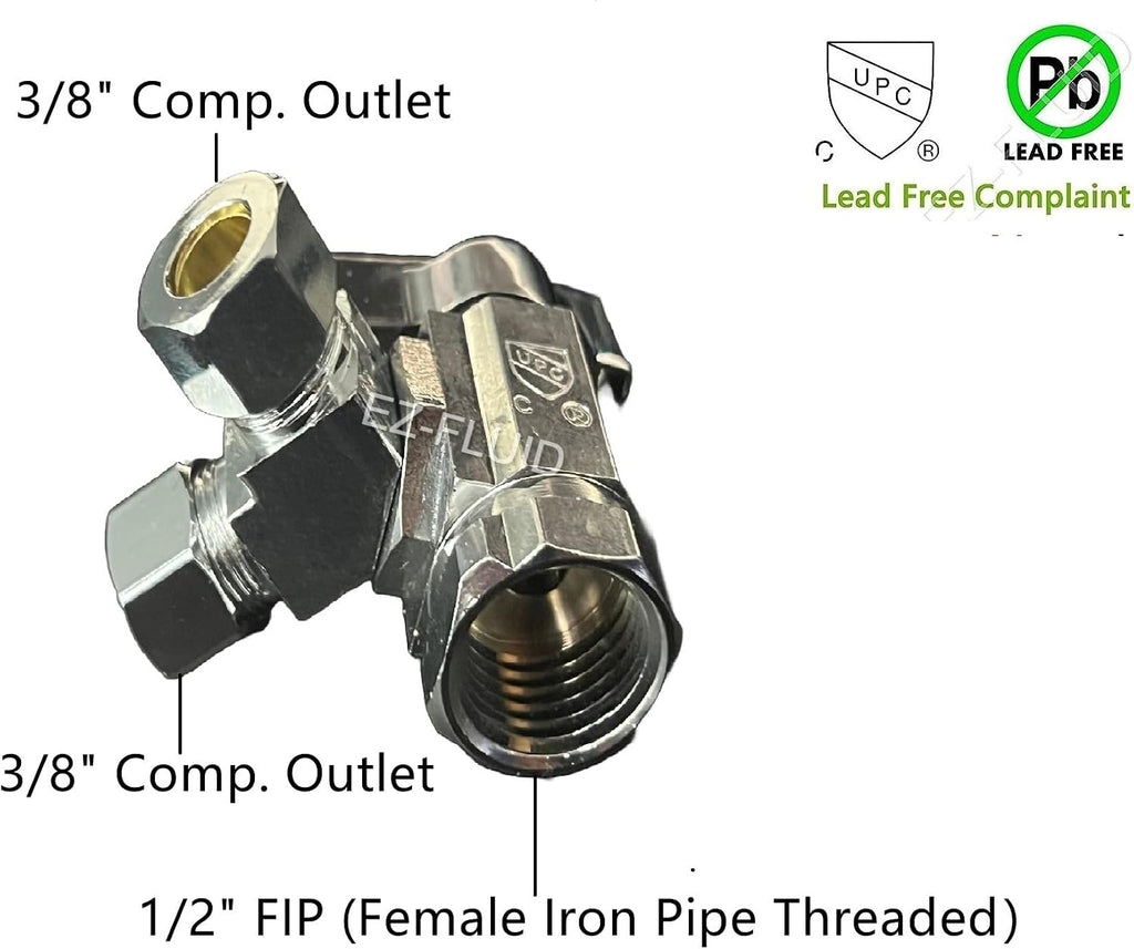 1/2" FIP Female Iron Pipe Threaded X 3/8"Comp X 3/8"Comp Dual Outlets Heavy Duty Chrome Brass Angle Stop Valve 1/4