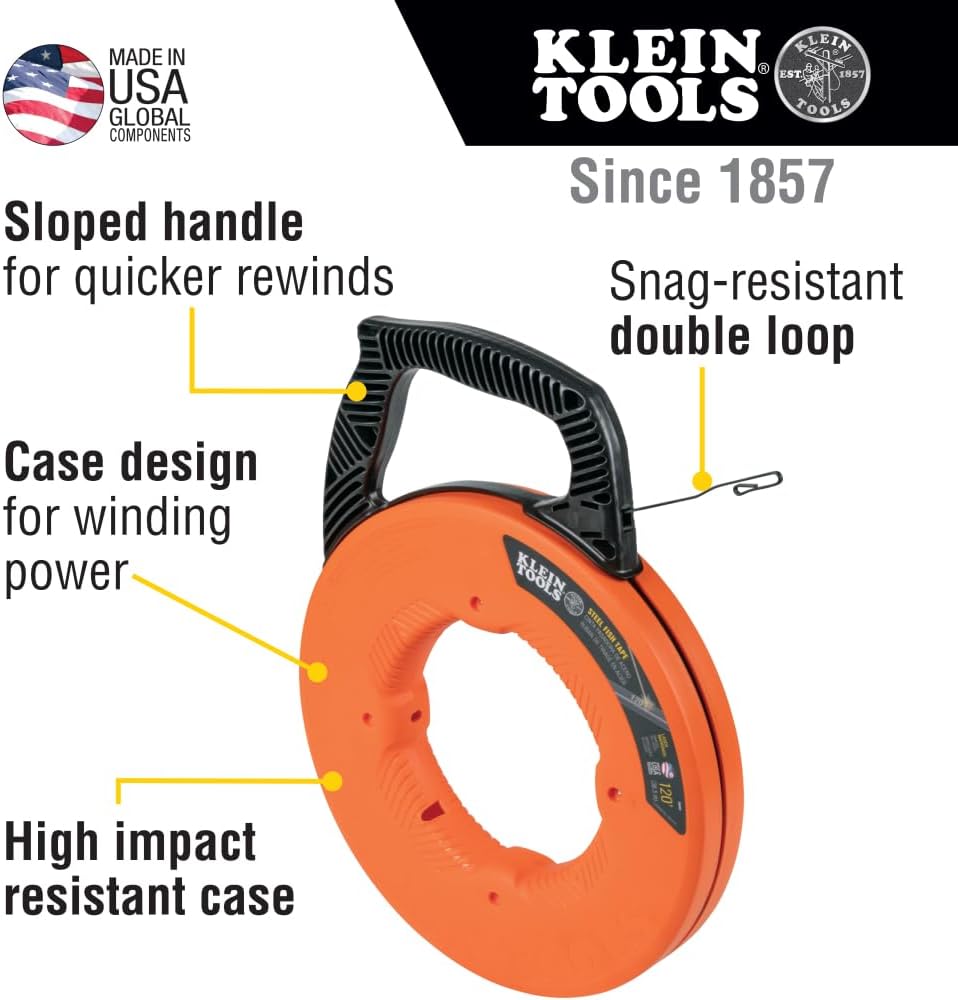 56333 Electrical Fish Tape, Steel Wire Puller with Double Loop Tip, Optimized Housing and Handle, 1/8-Inch x 120-Foot