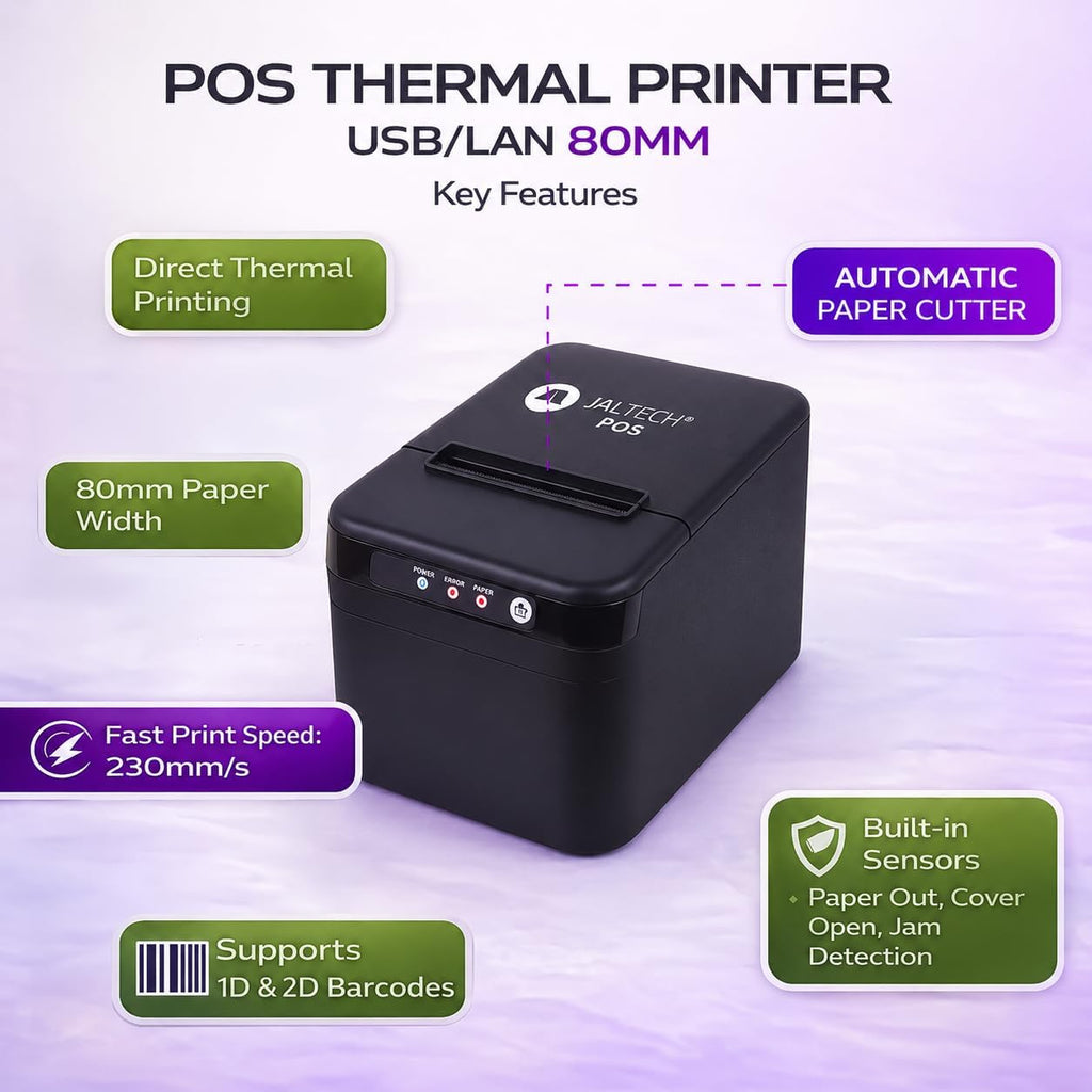 80mm Thermal Receipt Printer - USB & Ethernet POS Printer - Auto Cutter | Thermal Printer 1D 2D Barcodes - Cash