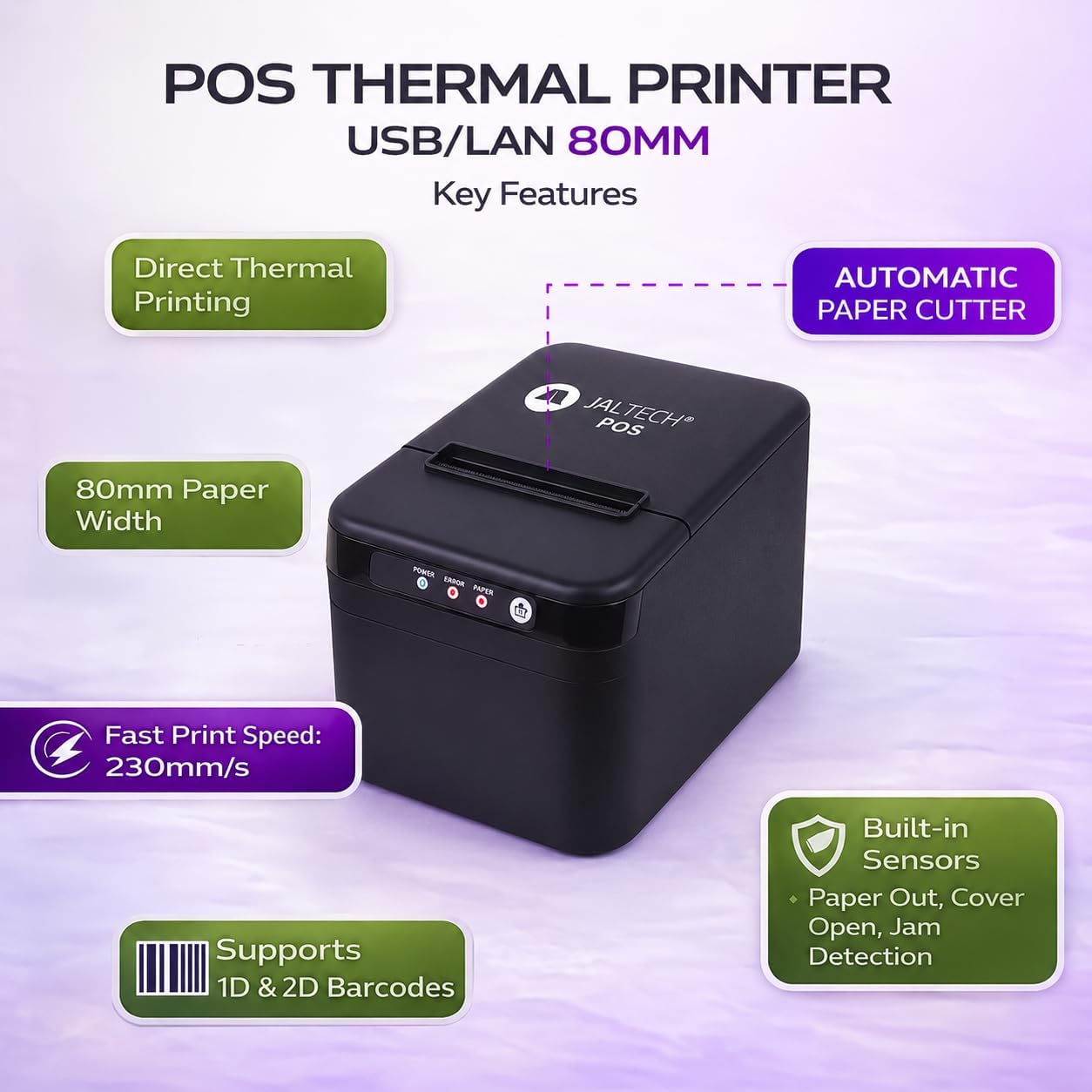 80mm Thermal Receipt Printer - USB & Ethernet POS Printer - Auto Cutter | Thermal Printer 1D 2D Barcodes - Cash