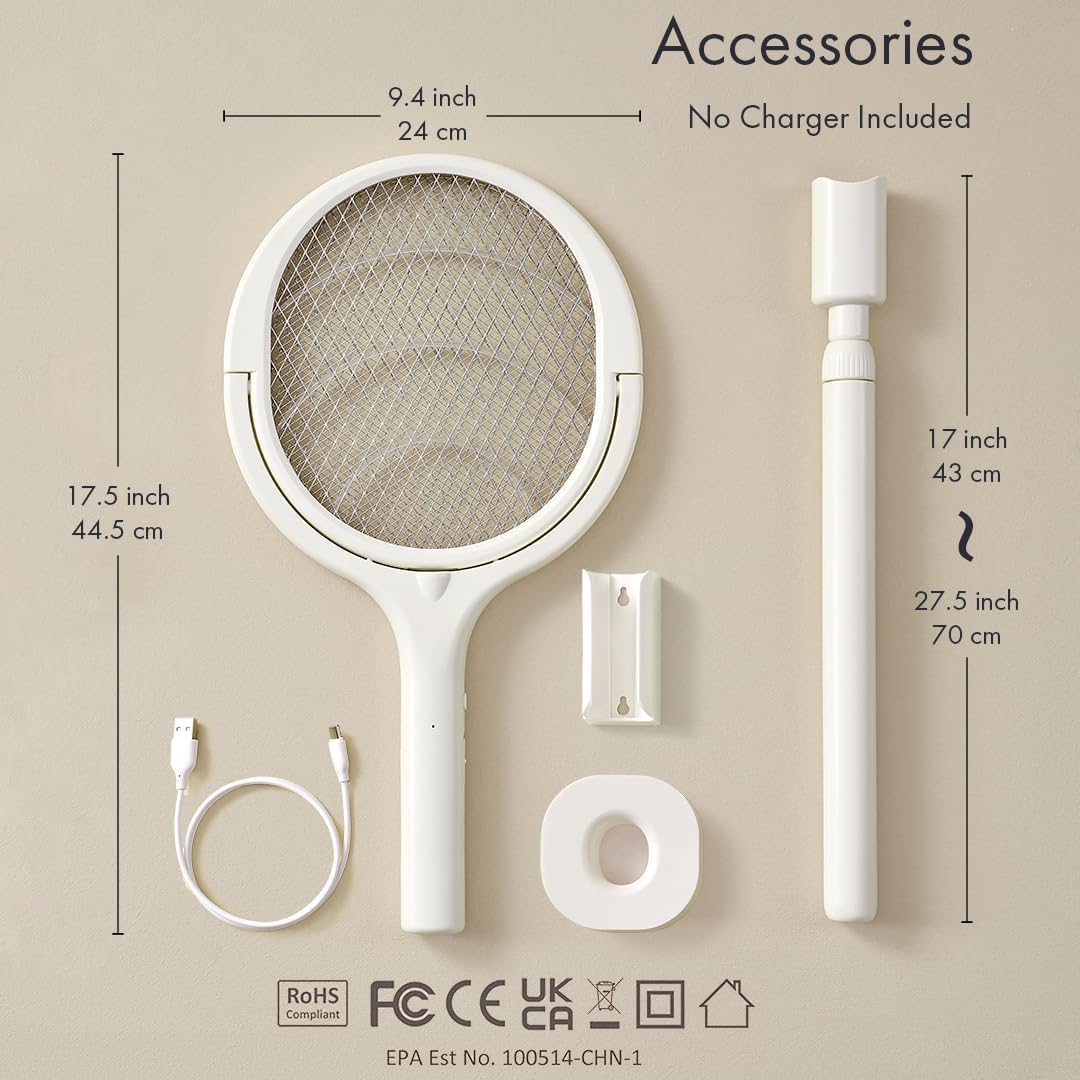 Electric Fly Swatter Electric Bug Zapper Racket Fly Zapper Racket | Telescopic Extension, Rotating Head USB-C