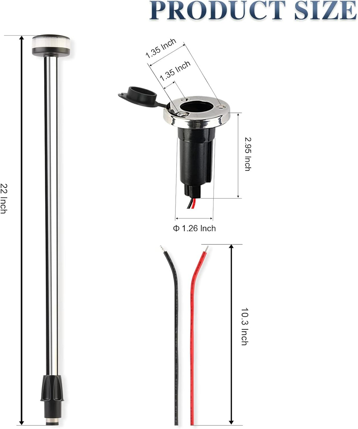 Stern Light Boat Anchor Light Marine Navigation lights All Round White LED USCG 2 NM Removable 2 Pin Plug in Base 12 Volts 22 Inches