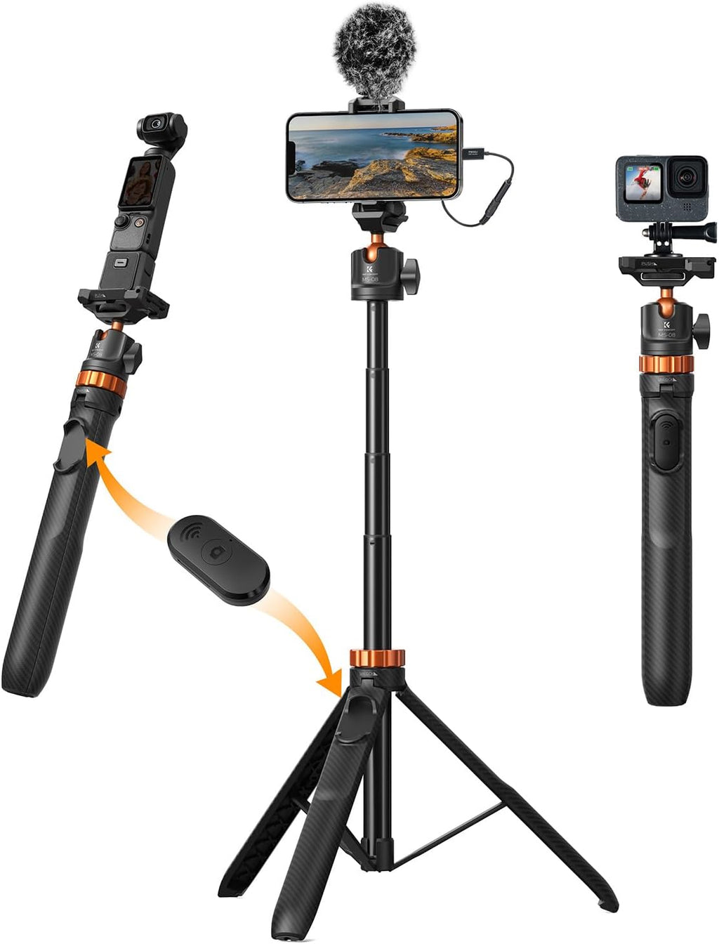 62'' Phone Selfie Stick Tripod | 360° Ball Head Camera Tripod with Remote, 2-in-1 Phone Holder Compatible with DJI