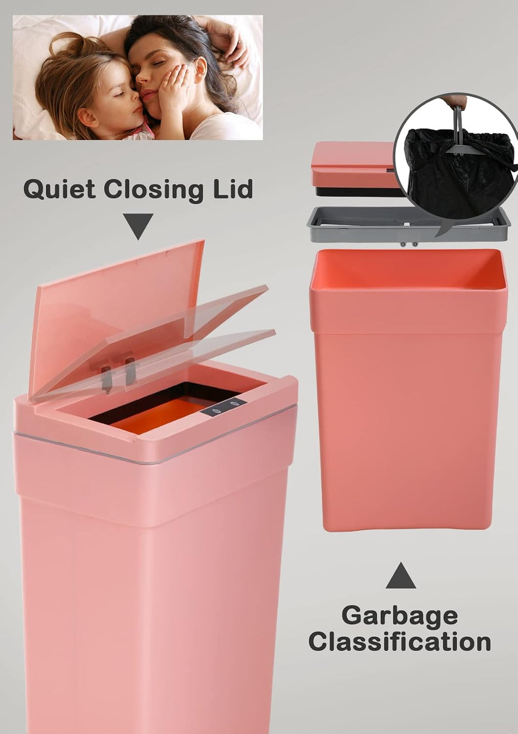 13 Gallon Motion Sensor Trash Can with Lid, Pink, Plastic