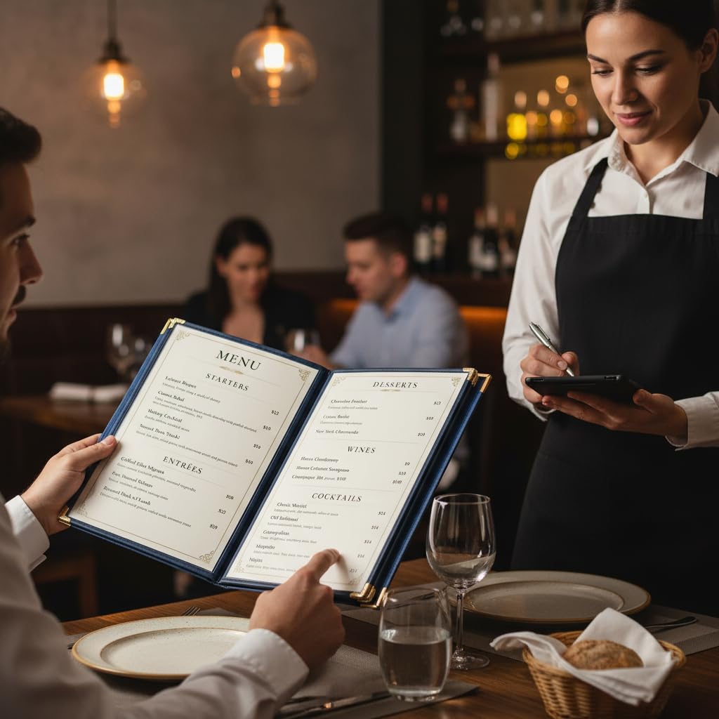 Restaurant Menu Covers 8.5×11 – 8 Page 16 View Menu Sleeve, Premium Navy Faux Leather, Waterproof Durable Menu Holder