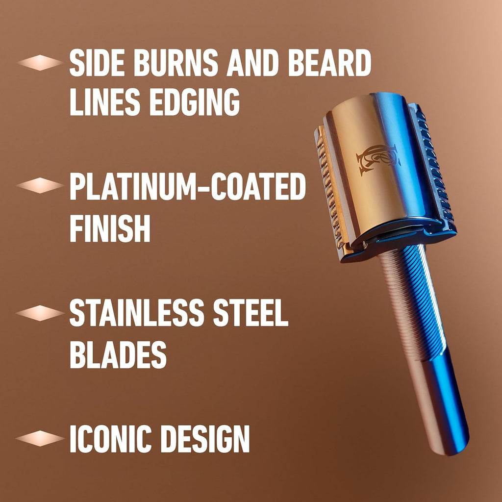 Safety Razor with Chrome Plated Handle and 5 Platinum Coated Double Edge Safety Razor Blade Refills