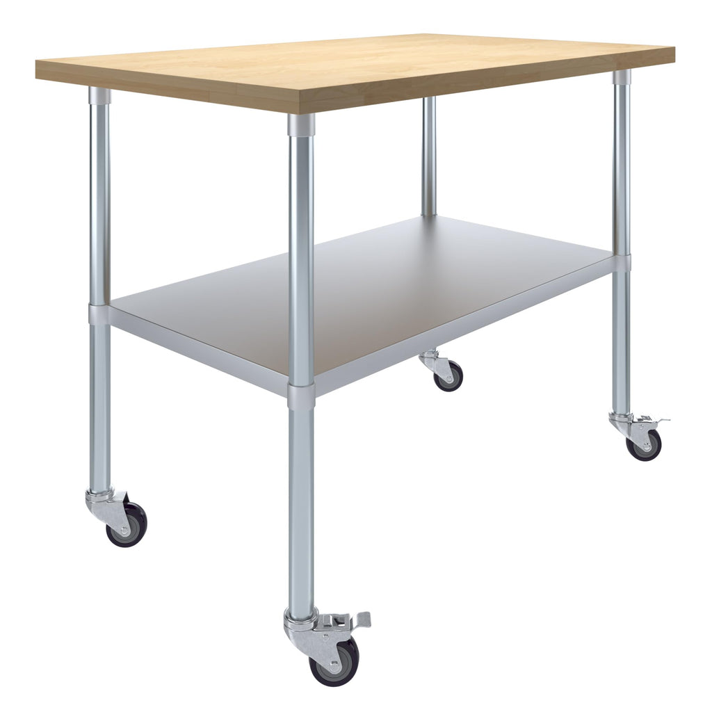 30" x 48" Maple Wood Top Work Table with Adjustable Undershelf and Wheels