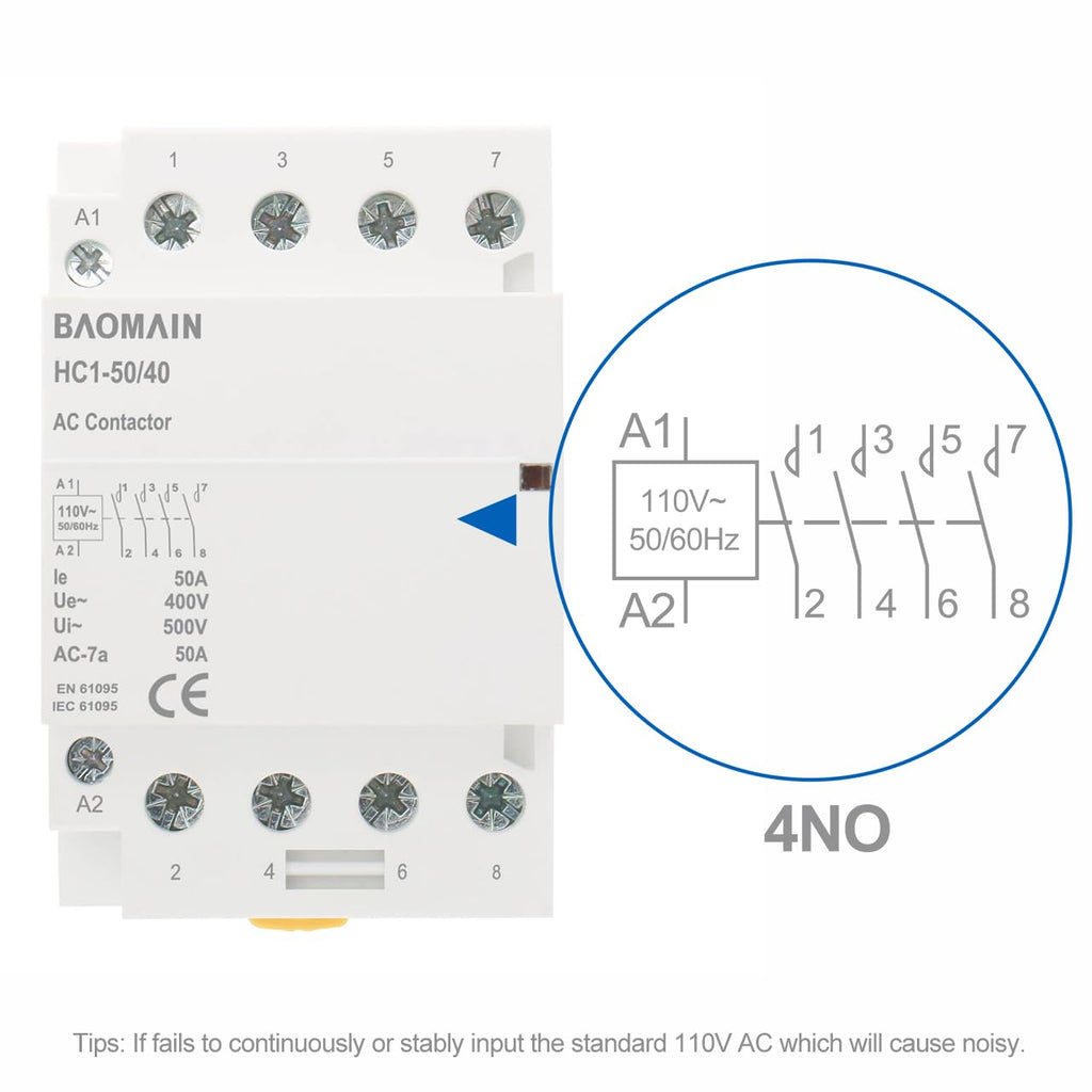BAOMAIN 50A 4 Pole AC Contactor 110V 4NO DIN Rail for HVAC EV Smart Home
