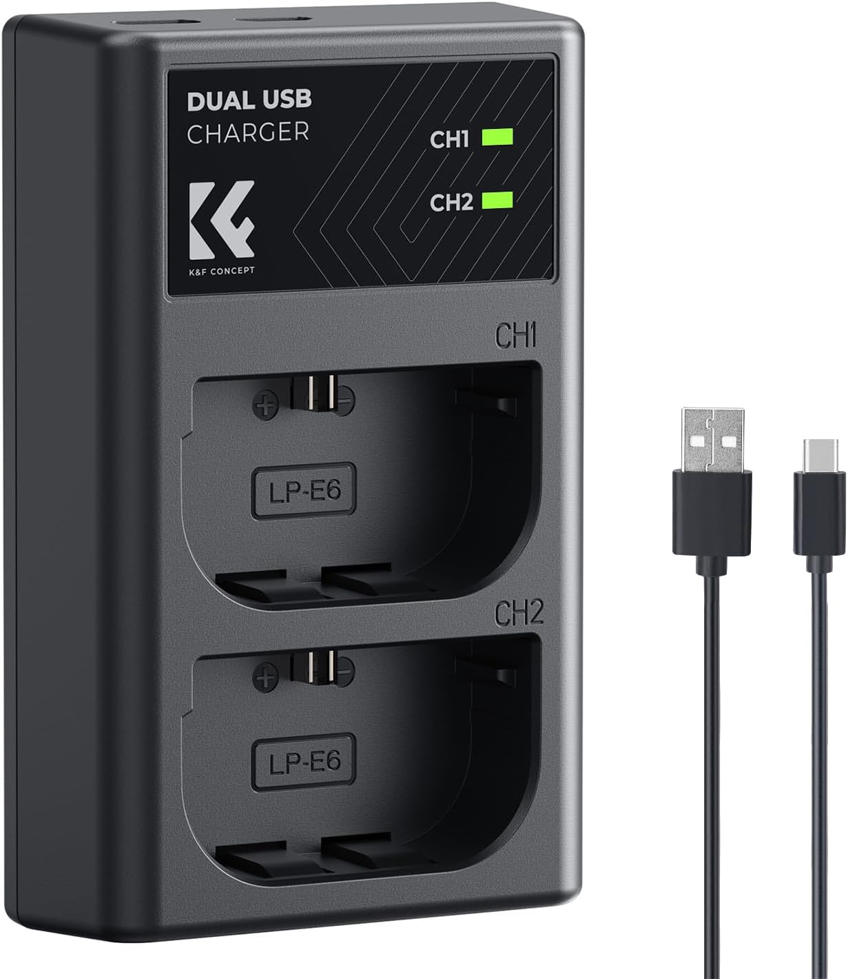 LP-E6/LP-E6N/LP-E6NH Battery Charger, Dual Slot Type-C/Micro USB Charger for Canon EOS R5 R6 RP R7, 5D 6D Mark IV, 5D