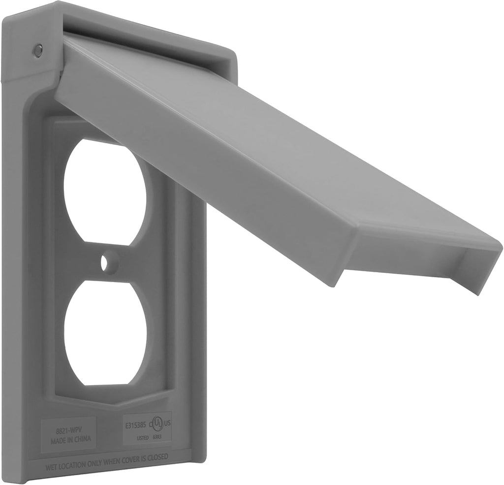 Vertical Outdoor Outlet Cover, Weatherproof Wall Plate, 1 Pack | Gray, self-closing, tight-seal hinged cover