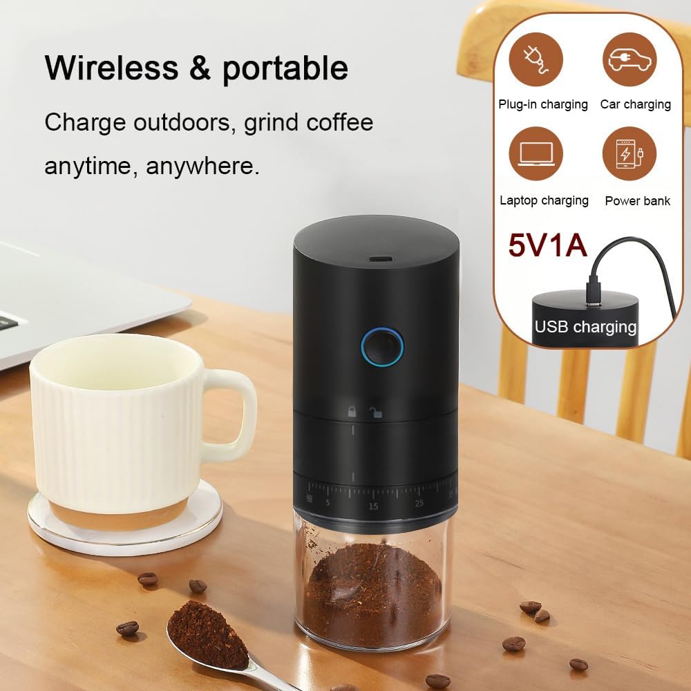 Portable Electric Burr Coffee Grinder with 38 Adjustable Grind Settings - USB Rechargeable Ceramic Core Conical Burr