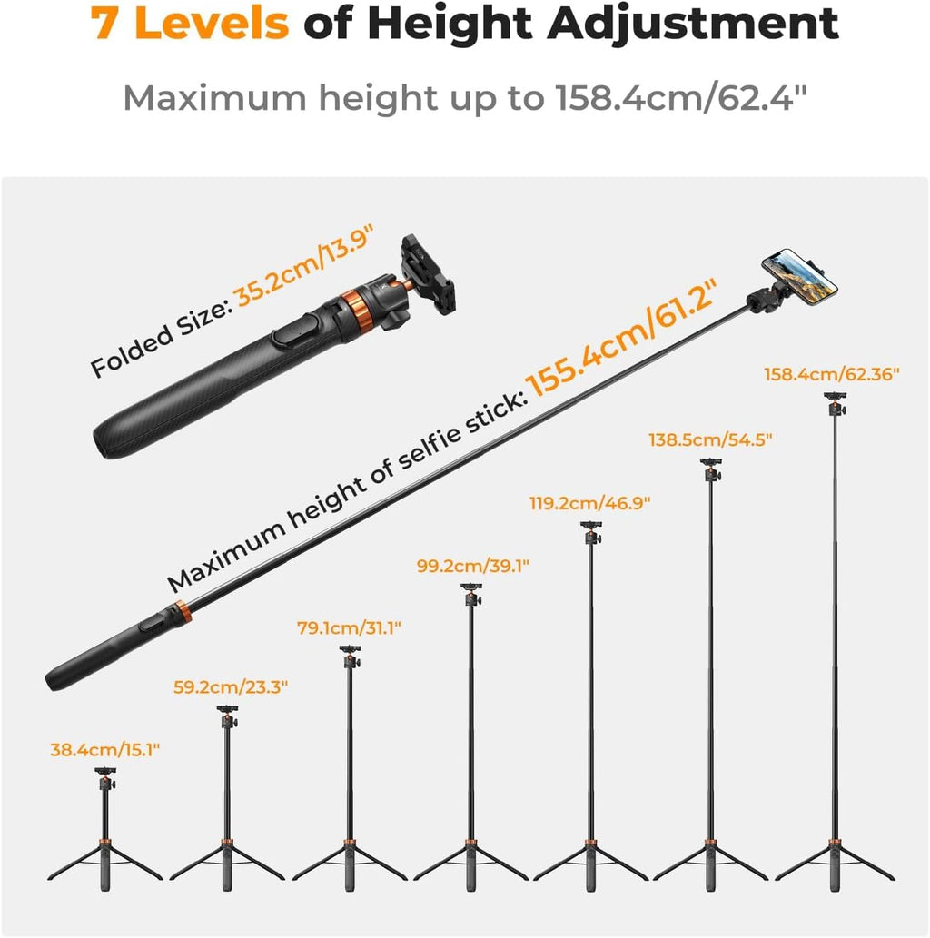 62'' Phone Selfie Stick Tripod | 360° Ball Head Camera Tripod with Remote, 2-in-1 Phone Holder Compatible with DJI