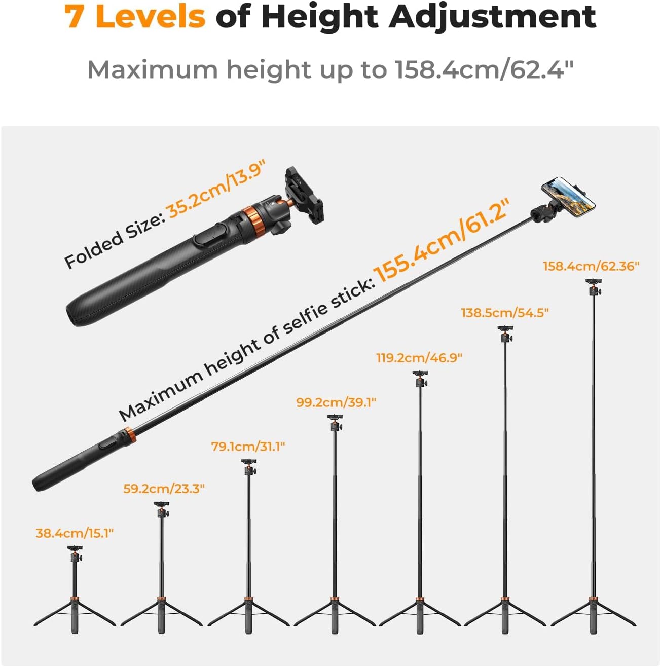 62'' Phone Selfie Stick Tripod | 360° Ball Head Camera Tripod with Remote, 2-in-1 Phone Holder Compatible with DJI