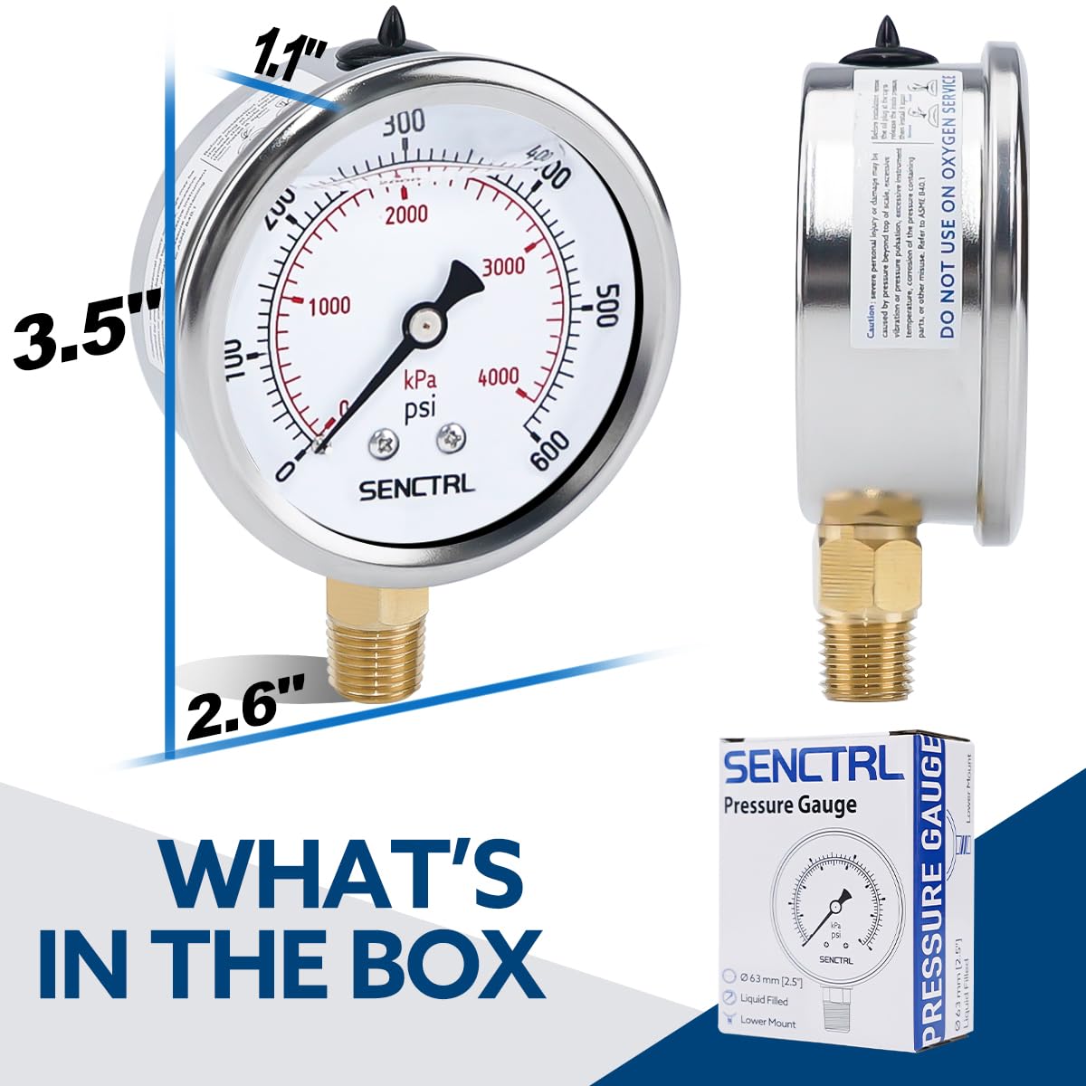 SENCTRL 0-600 Psi Liquid Filled Pressure Gauge, 1/4" NPT Lower Mount