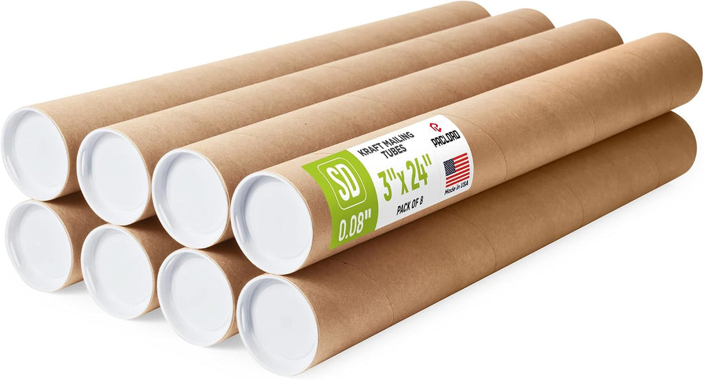 3" x 24" Made in USA Kraft Paper Mailing Tube, 8 Tubes, 16 Caps