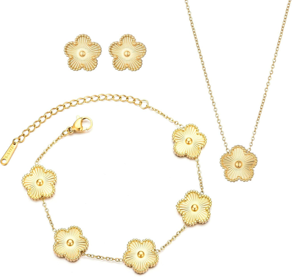 Clover Neckalce Earring Set for Women 14K Gold Plated Stainless Steel Four Leaf Clover Jewelry Set