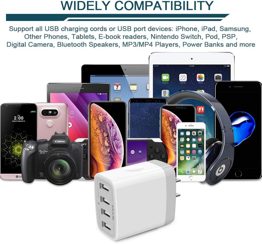 USB Charger Cube, Wall Charger Plug, AILKIN 4.8A 4-Muti Port USB Adapter Power Plug Charging Station Box Base