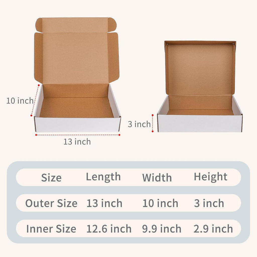 13" x 10" x 3" White Corrugated Cardboard Shipping Boxes Set of 5