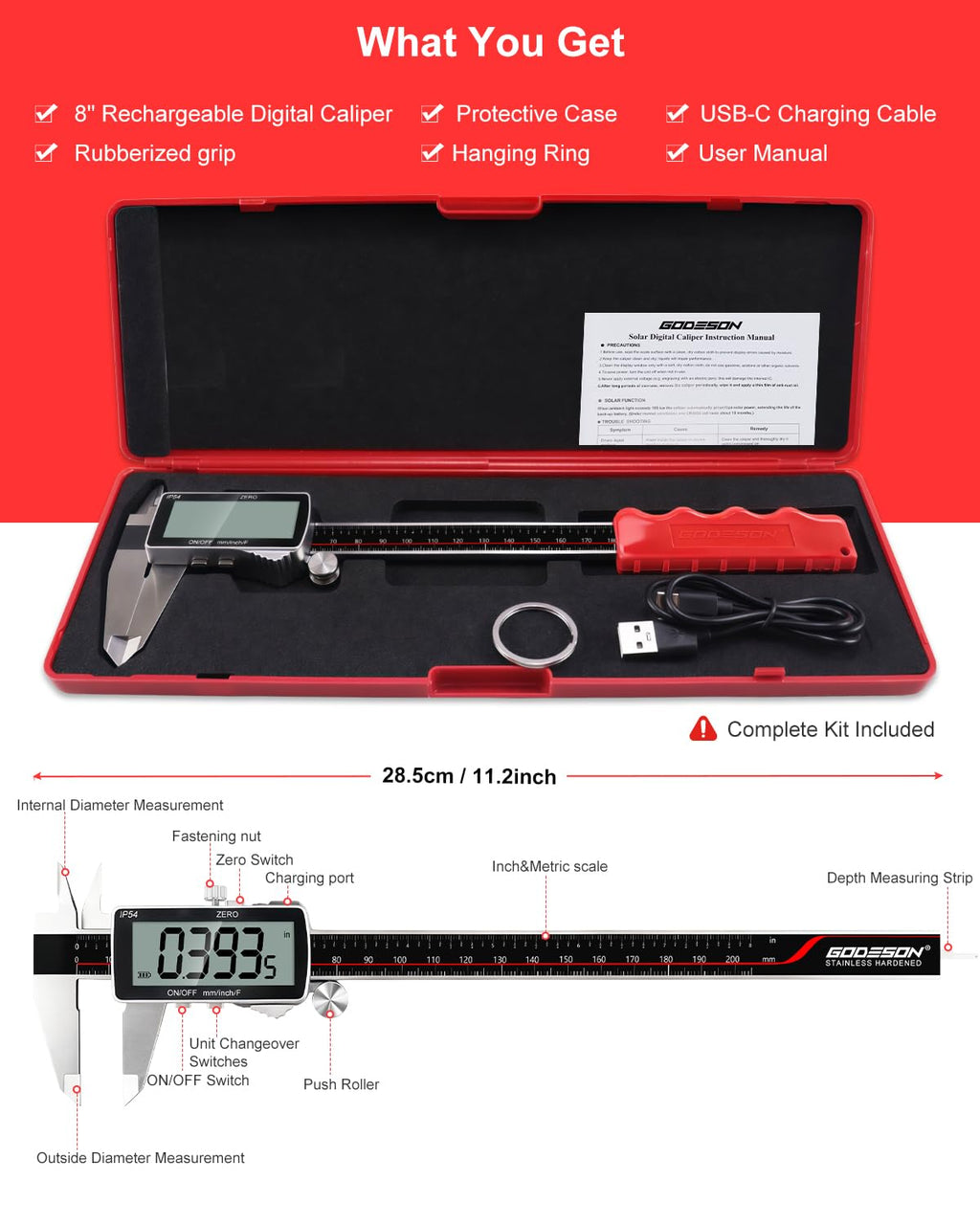 GODESON 8" USB-C Rechargeable Digital Caliper 0.001" Precision