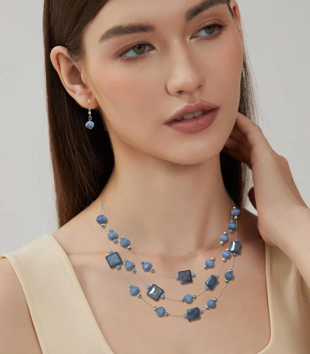 Layered Silver Beaded Necklace for Women Square Crystal Beads Statement Collar Necklace and Earrings Fashion Costumes