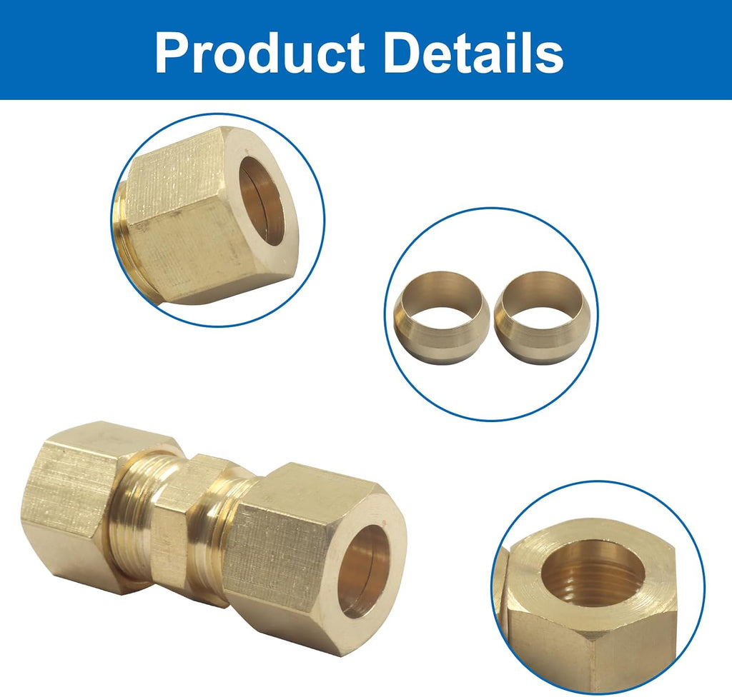 Brass Compression Tube Fitting 3/8" OD x 3/8" OD, 10 Pack