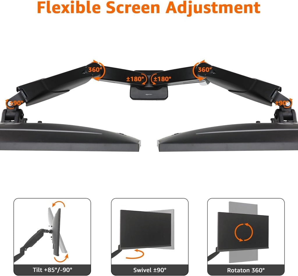 Gas Spring Dual Monitor Arm Desk Mount, Adjustable Tension, Fits 15–27 Inch Monitors, Supports 4.4–15.4 lbs Each Arm