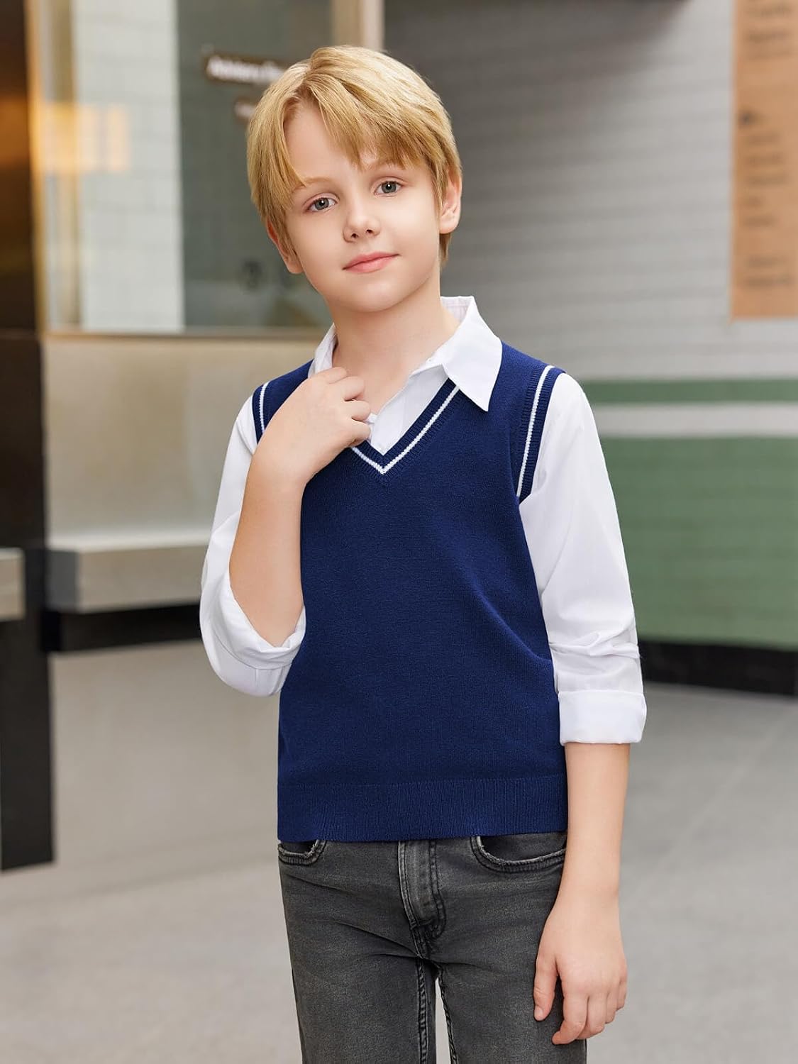 Boys Sweater Vest Kids Uniform Vest Casual V Neck Knit Pullover Sweater 5-14Y