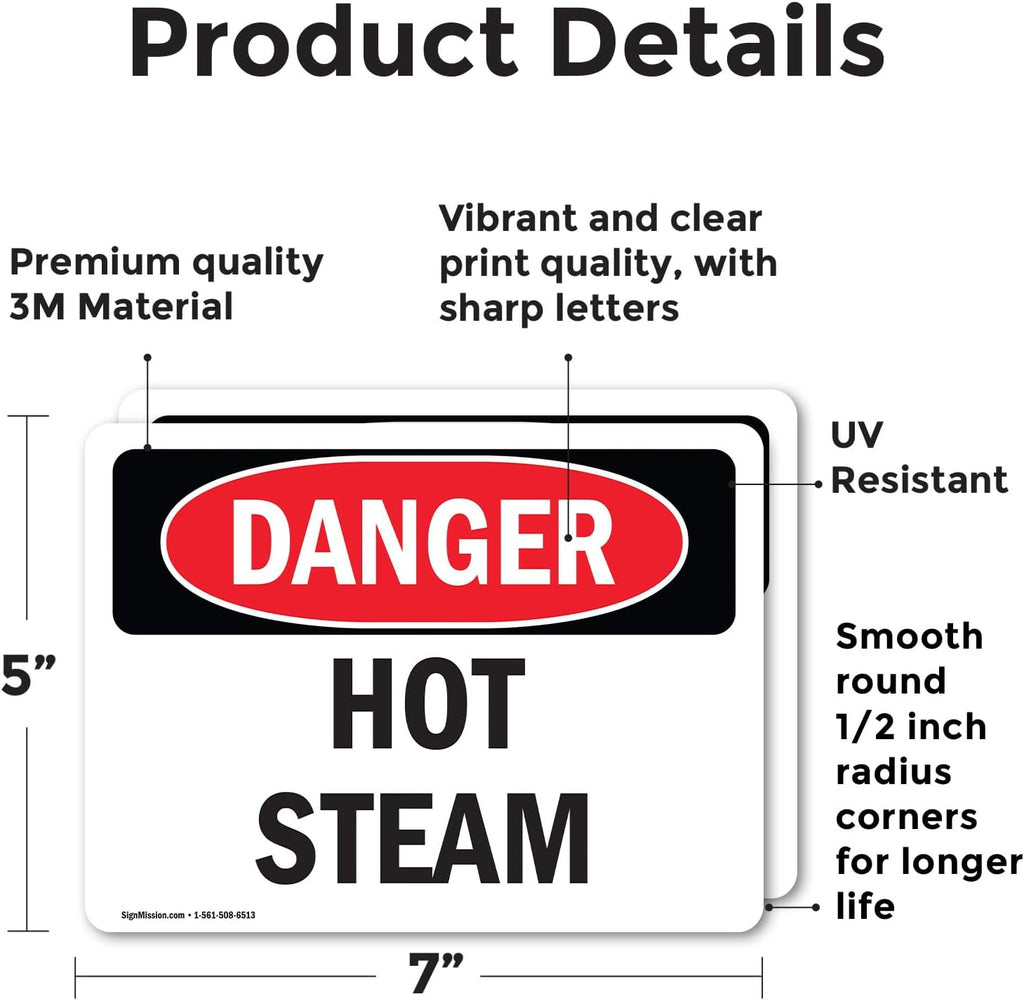 (2 Pack) Hot Steam OSHA Danger Sign 7 Inch X 5 Inch Vinyl Label Decal Sticker Weather Resistant, UV Protected for