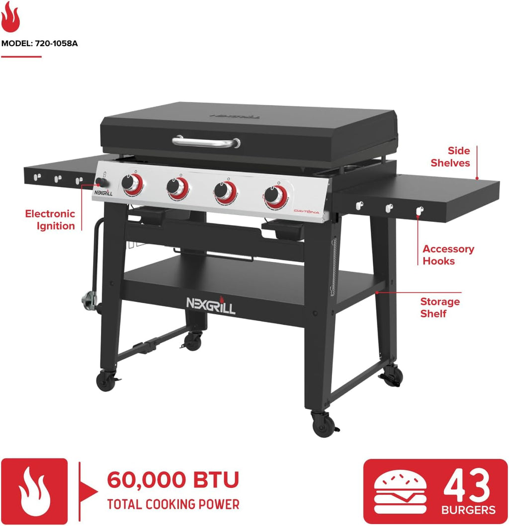 Daytona 4-Burner Gas Griddle, Flat Top Grill with Side Tables