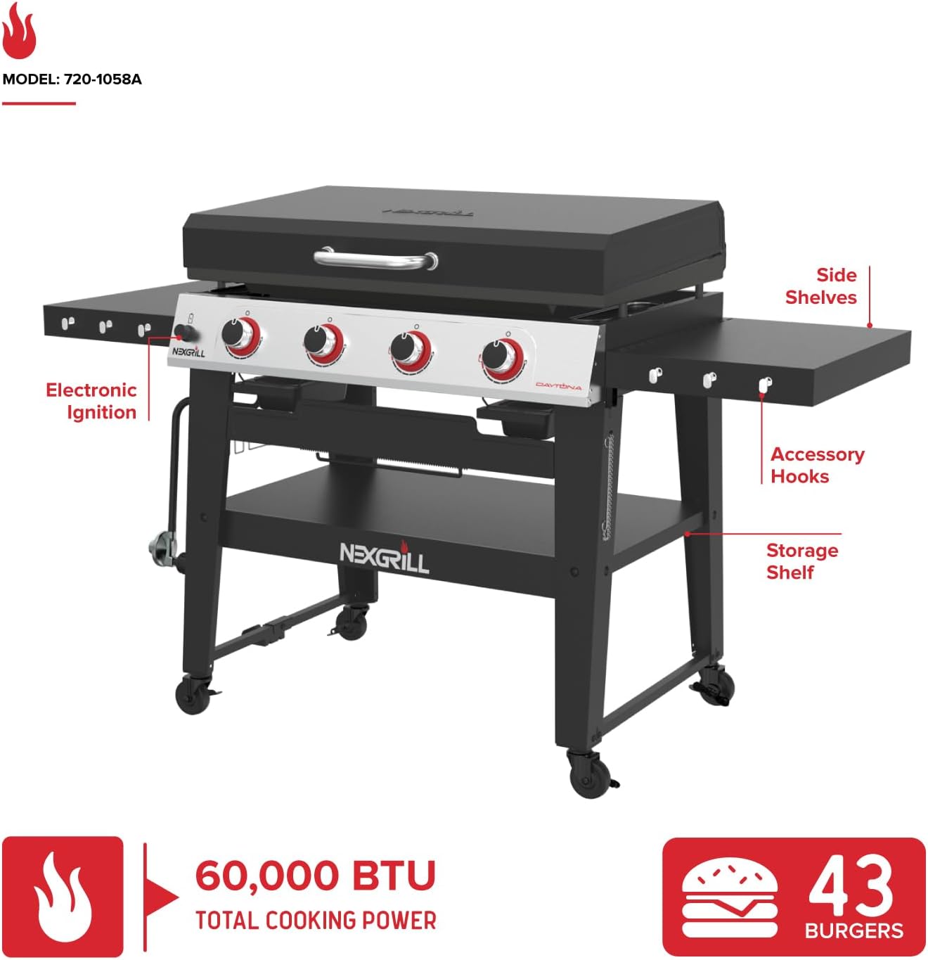Daytona 4-Burner Gas Griddle, Flat Top Grill with Side Tables