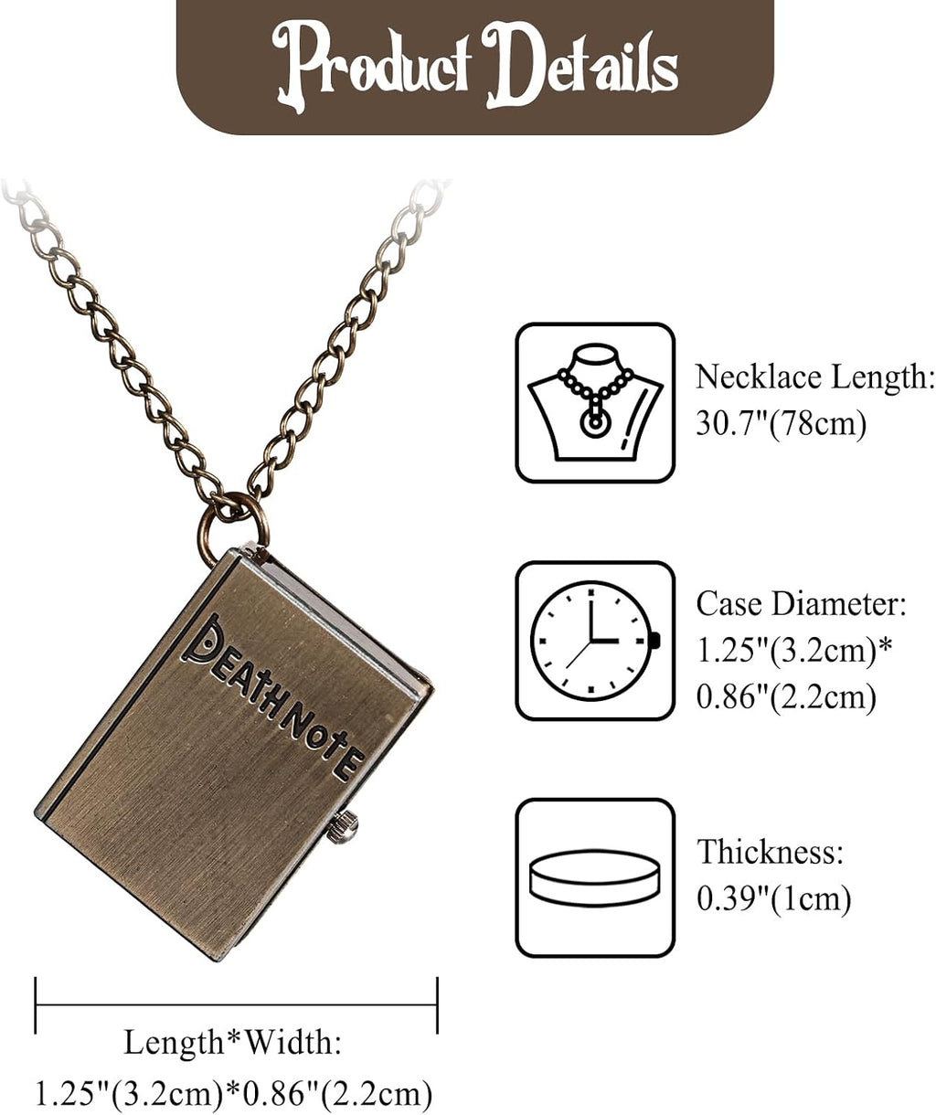 Pocket Watches for Men: Vintage Death Note Bronze Skull Dial Quartz Halloween Notebook Locket Pendant Square Case