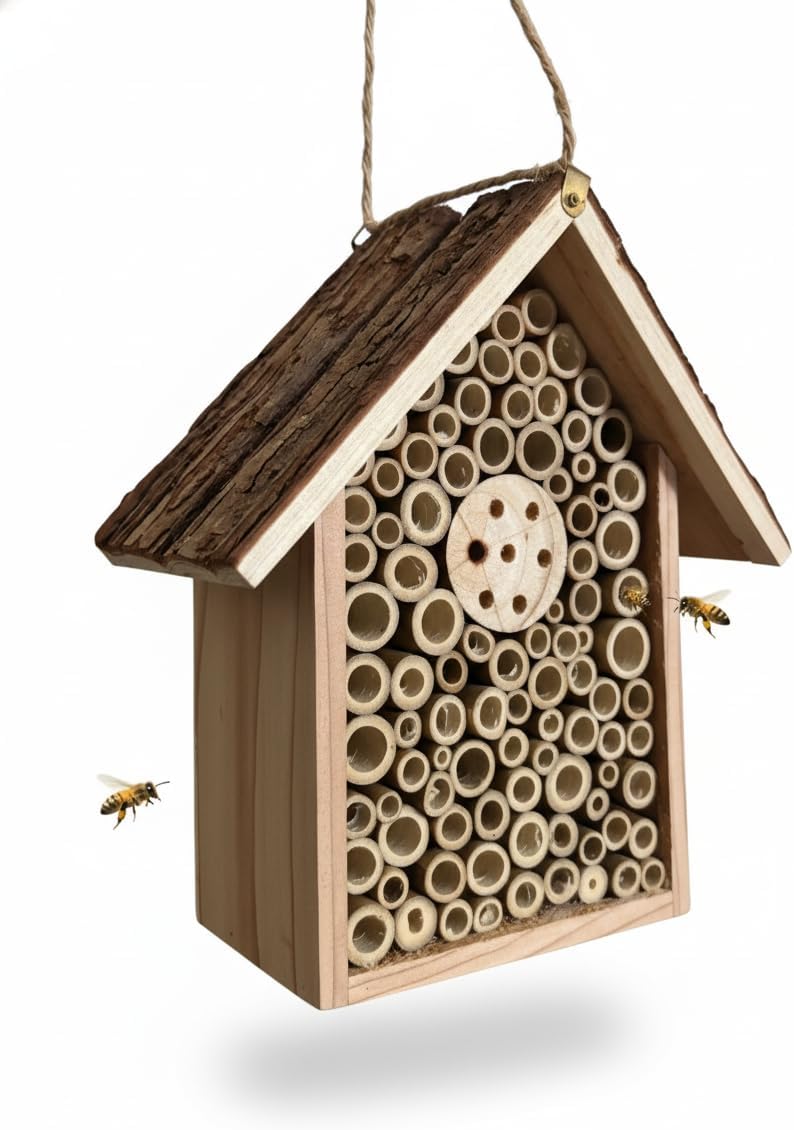 Redwood Mason Bee House - Solitary Bee Hotel & Wooden Pollinator House | Leafcutter Bee Hive with Easy-Hang Jute Rope