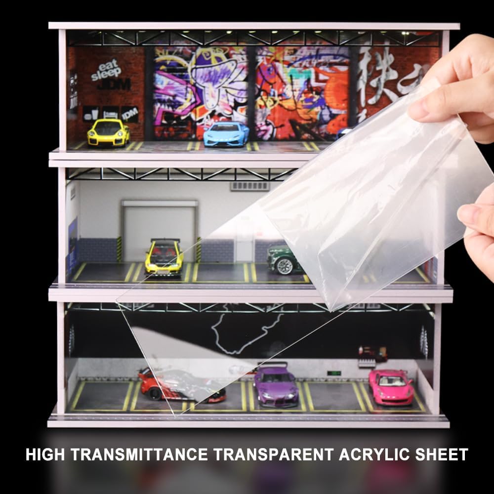 1/64 Scale Diorama Garage Display Case for Die-cast Model Cars | Acrylic Cover, Storage with 6-Space Scene Parking