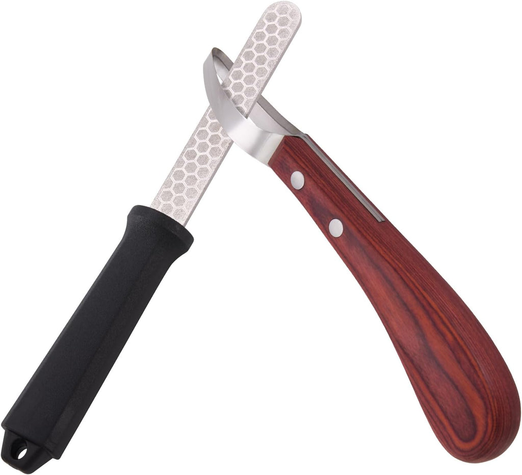 Hoof Knife with Sharpener, 2 PCS Professional Farrier Kit, Curved Stainless Steel Trimming Knife & 400/800 Grit