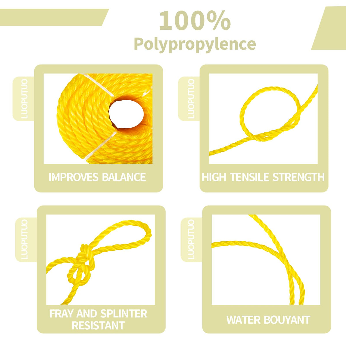 1/4 Inch × 50 FT Yellow Twisted Polypropylene Rope