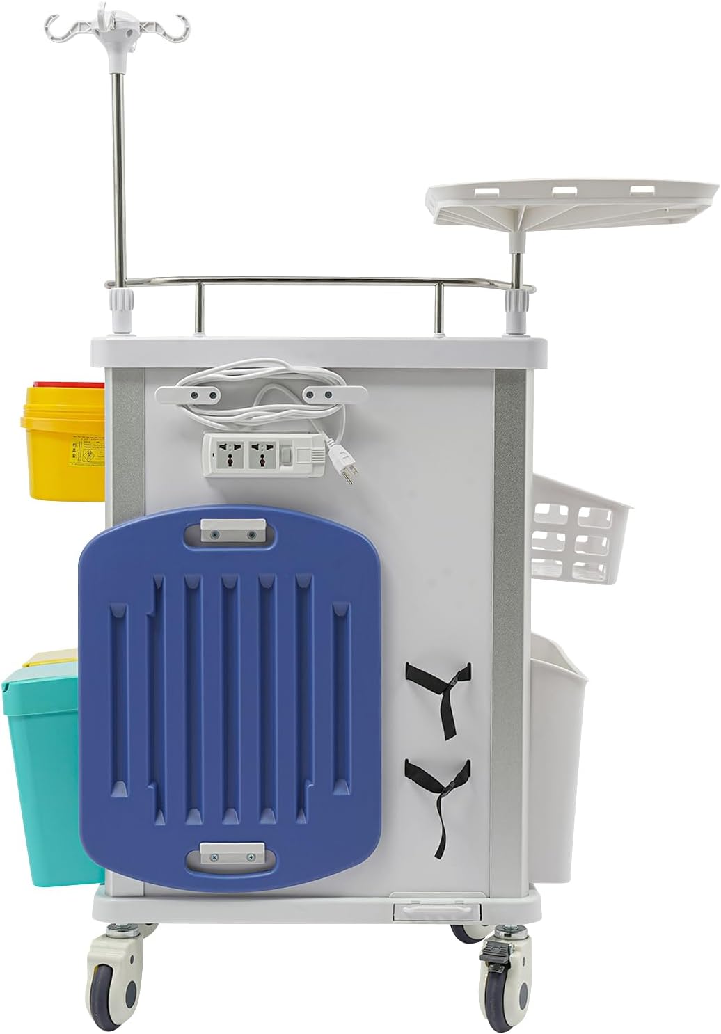 Medical Rolling Crash Cart with 5 Drawers, ABS & Aluminum, 176 lbs Capacity, Includes CPR Board, IV Pole & Power