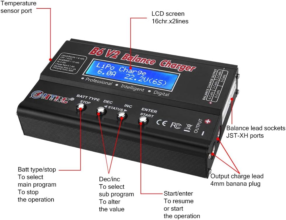 LiPo Battery Charger RC Car Balance Charger, 1S-6S Digital Discharger Battery Pack Charger 80W 6A for Li-ion Life