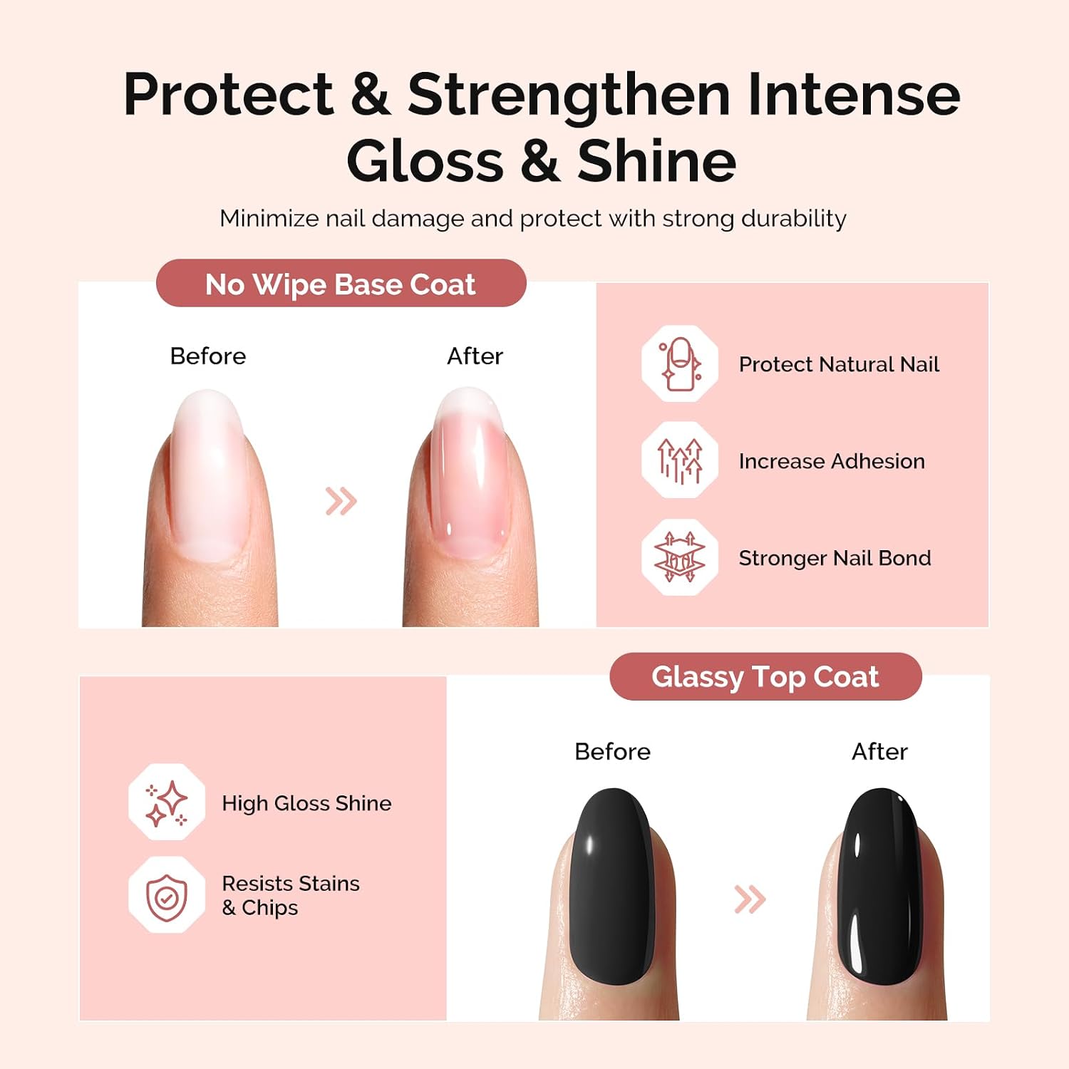 Top Coat Builder Gel Base Coat No Wipe Glossy Set 3 Pcs 15ml | Long Lasting Shine Finish Soak Off UV LED Nail Lamp
