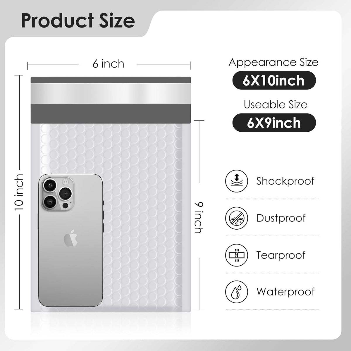 Bubble Mailers 6x10" 50 Pack Grey and White Padded Envelopes Mailers Waterproof Usable Size 6x9 Self-Seal Padded