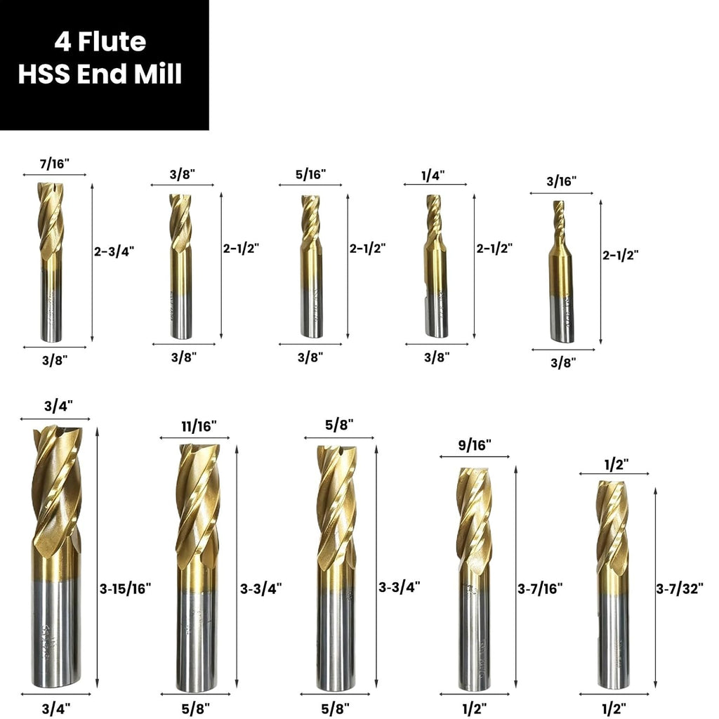 HSS End Mill Set M2, 20 PCS TiN Coated, 3/16"-3/4", 2 & 4 Flute