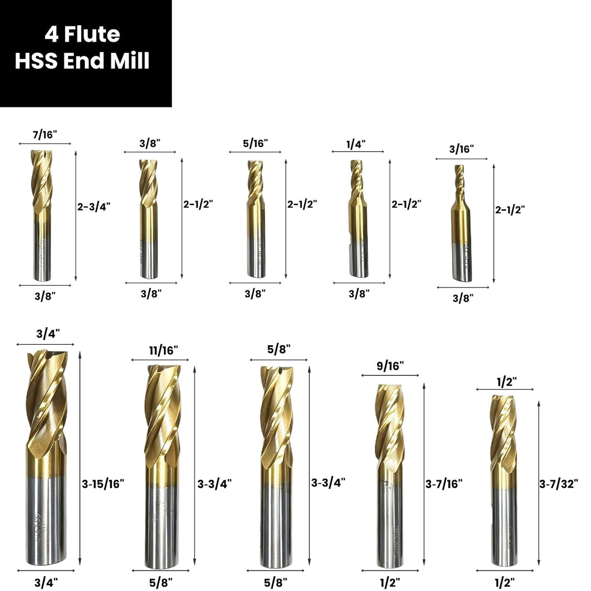 HSS End Mill Set M2, 20 PCS TiN Coated, 3/16"-3/4", 2 & 4 Flute