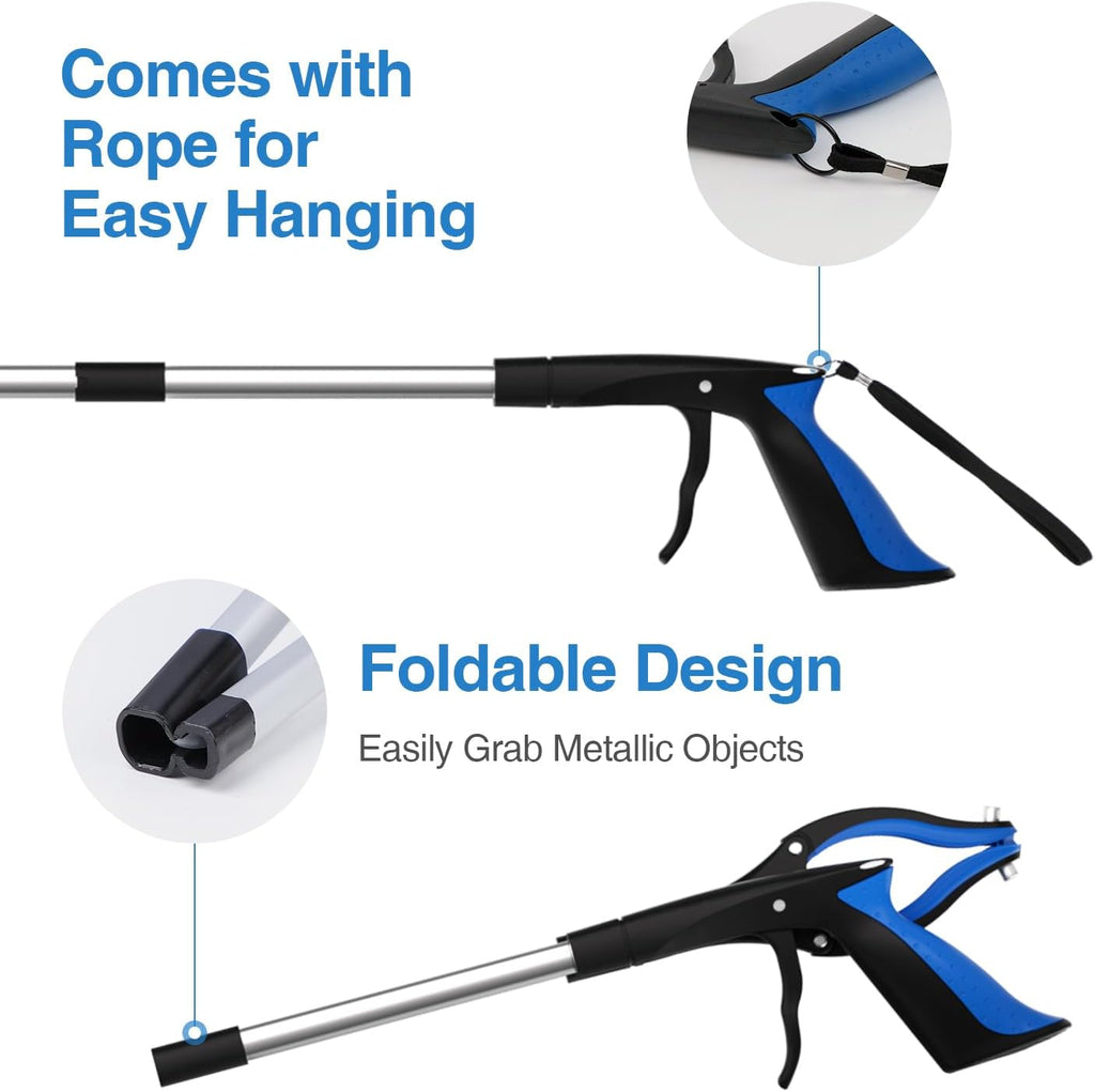 2-Pack Grabber Reacher Tool, 32 Inch Extra Long Steel Foldable Pick Up Stick with Strong Grip Magnetic, 90° Rotating