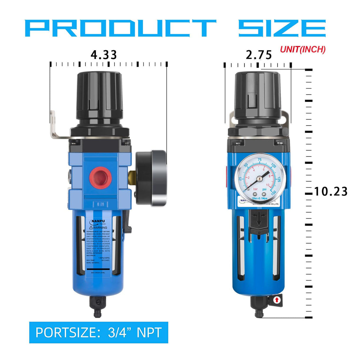 NANPU 3/4" NPT Compressed Air Filter Regulator Combo Piggyback