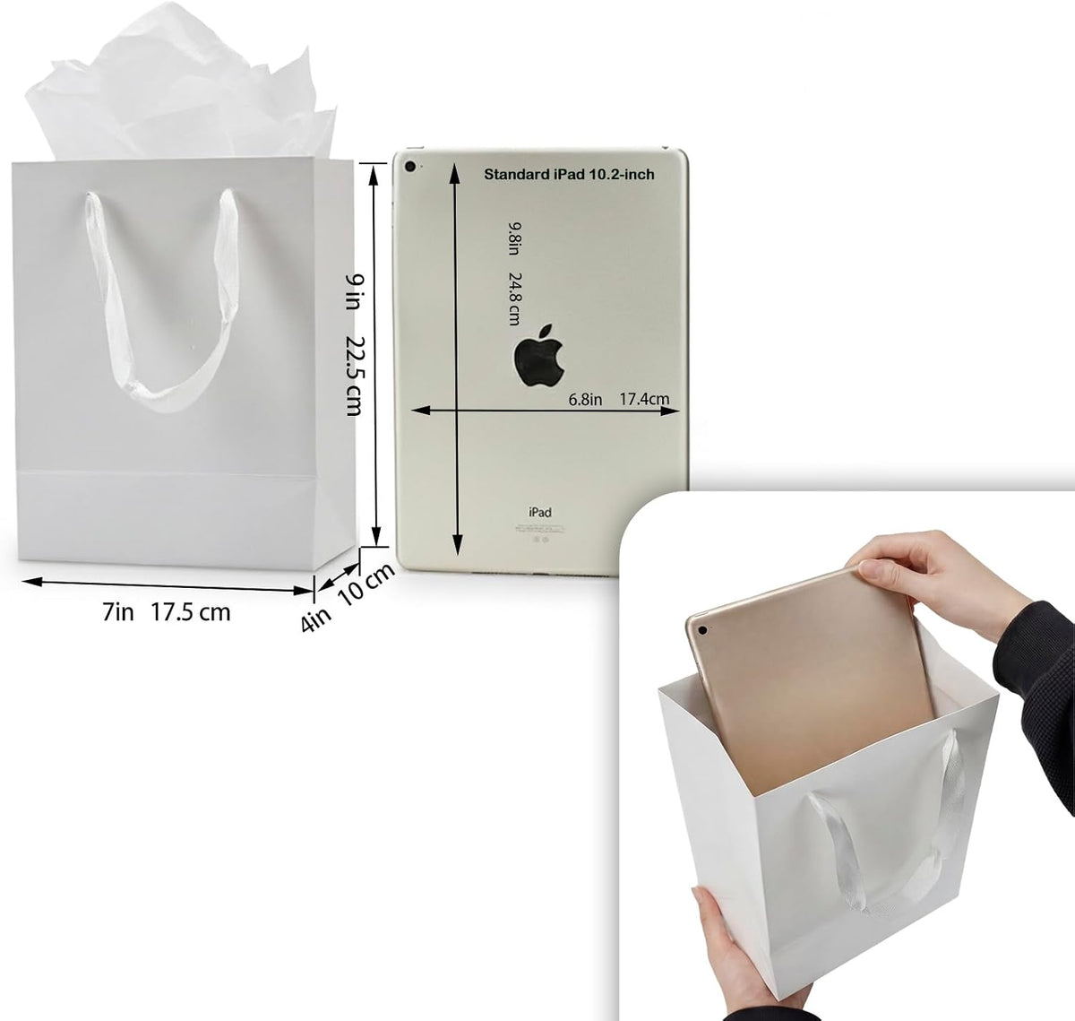 White Gift Bags with Tissue Paper, 30 Pack, 7x4x9 In