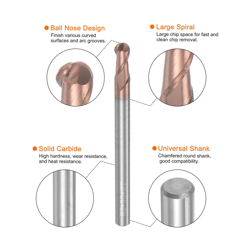 uxcell Ball Nose End Mills CNC Router Bits 2mm Radius Solid Carbide TiSin
