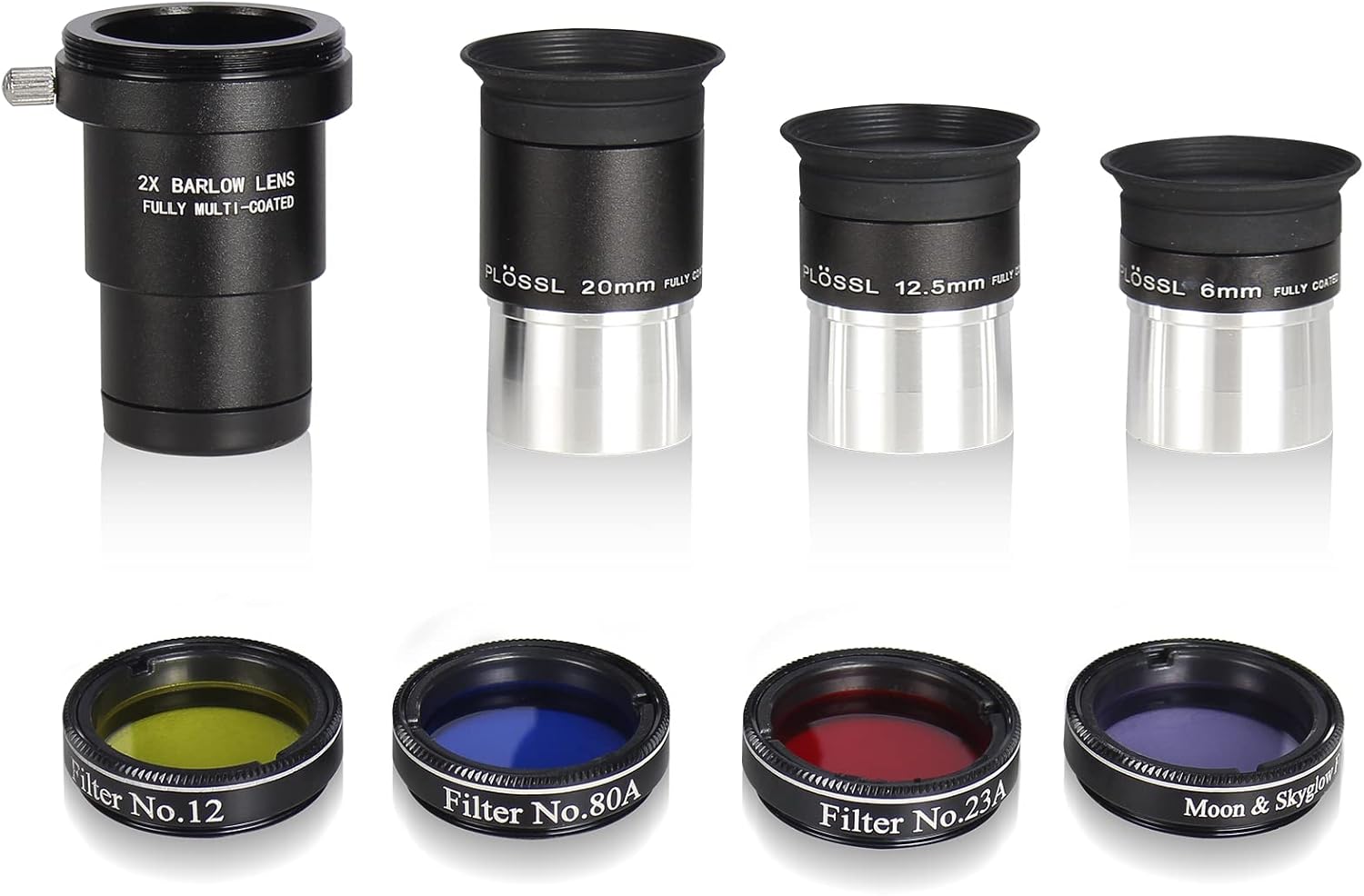 Astronomical Telescope Accessory Kit - with 3pcs Plossl Eyepieces Set, 4pcs Filter Set, a 2X Barlow Lens
