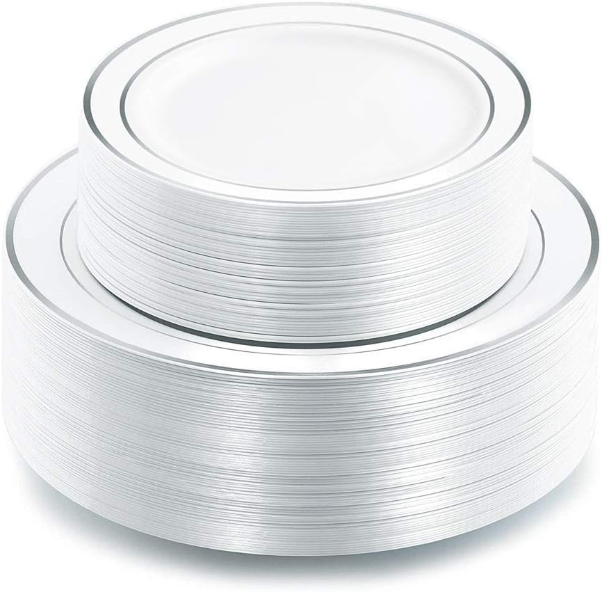 102 Pcs Silver Plastic Plates, Premium Silver Disposable Plates